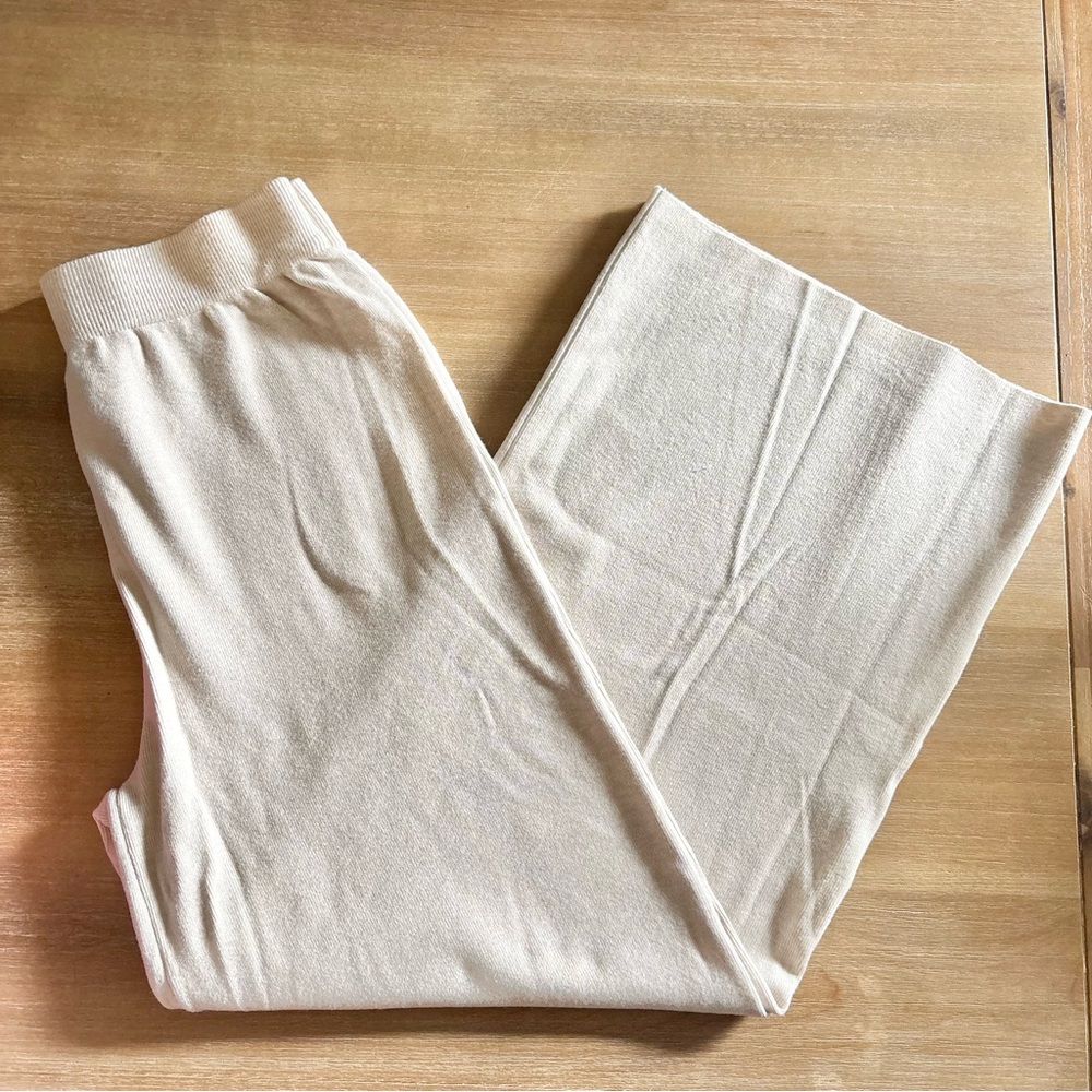 Ribbed Knit Elastic Waist Wide Leg Lounge Pants Oatmeal, L/XL Travel Minimalist